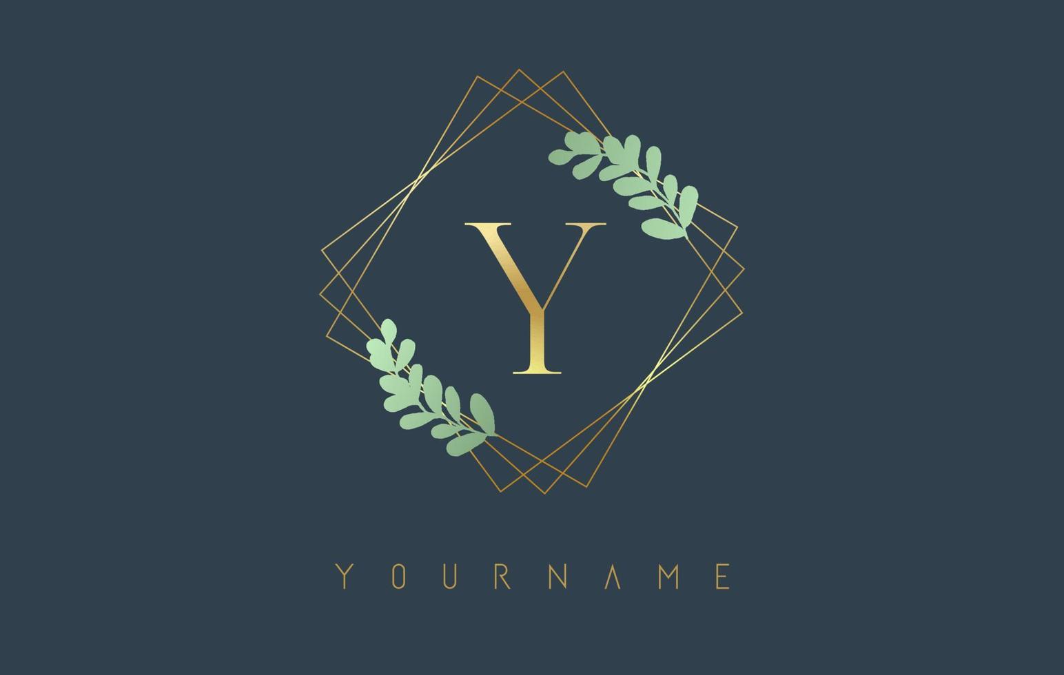 logo dorato della lettera y con cornici quadrate dorate e design a foglia verde. illustrazione vettoriale creativo con la lettera y.