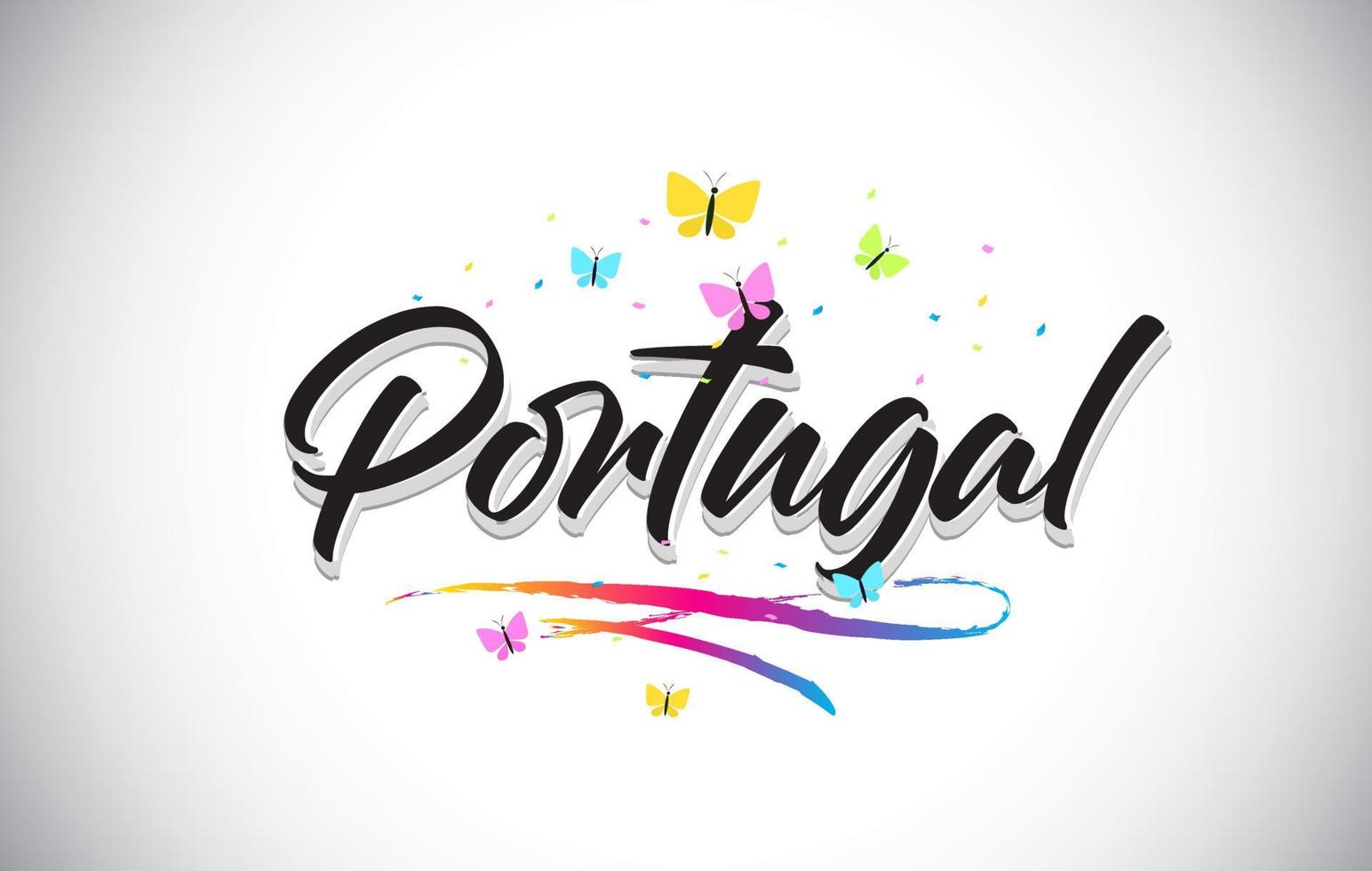 testo di parola vettoriale scritto a mano del Portogallo con farfalle e swoosh colorato.