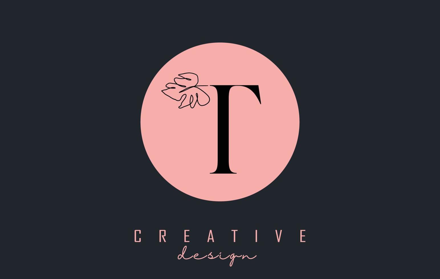 T lettera logo design con foglia di monstera un disegno a tratteggio su un cerchio rosa sfondo illustrazione vettoriale. vettore