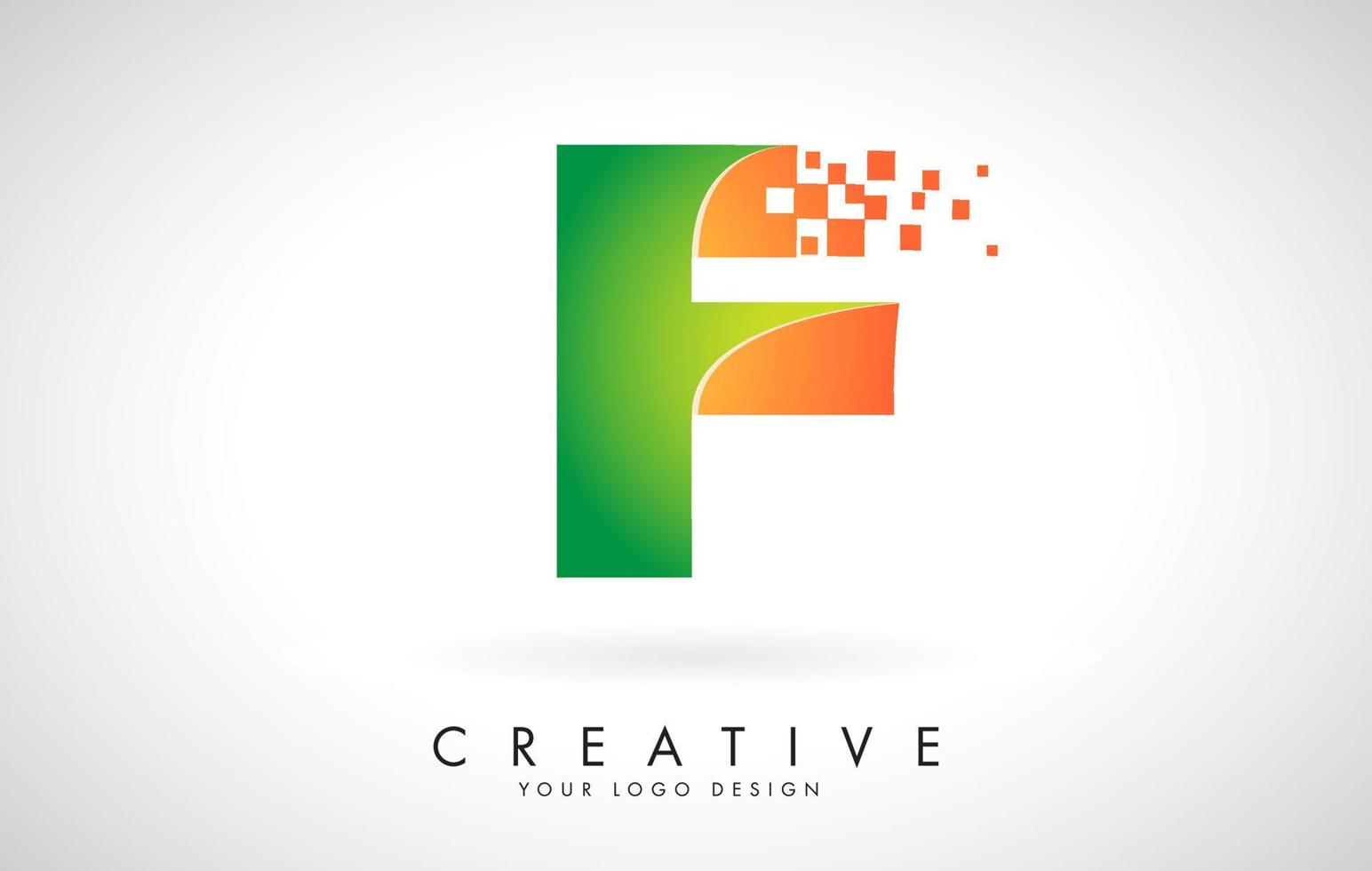 lettera f logo design in colori vivaci con piccoli blocchi frantumati su sfondo bianco. vettore