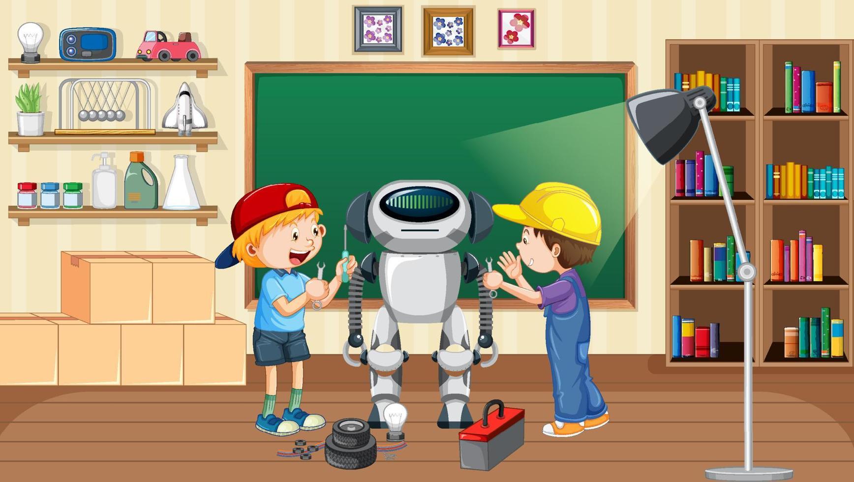 bambini che fissano un robot insieme nella scena della stanza vettore