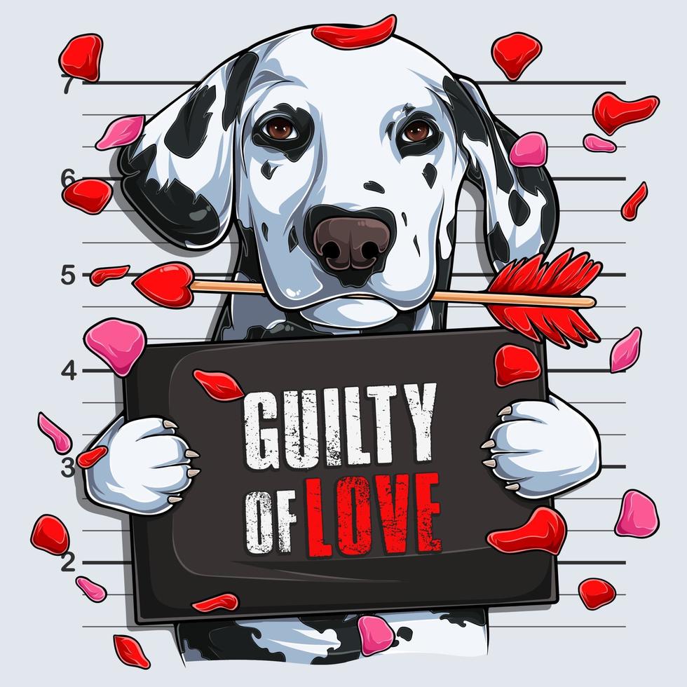 divertente san valentino cane dalmata foto segnaletica con la freccia di cupido in bocca colpevole di amore vettore
