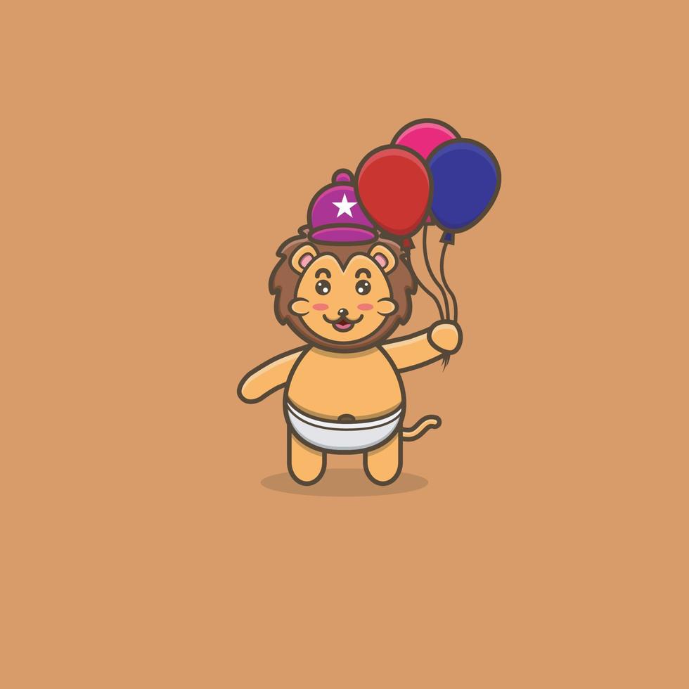 simpatico leoncino porta palloncini. personaggio, mascotte, icona, logo, cartone animato e design carino. vettore