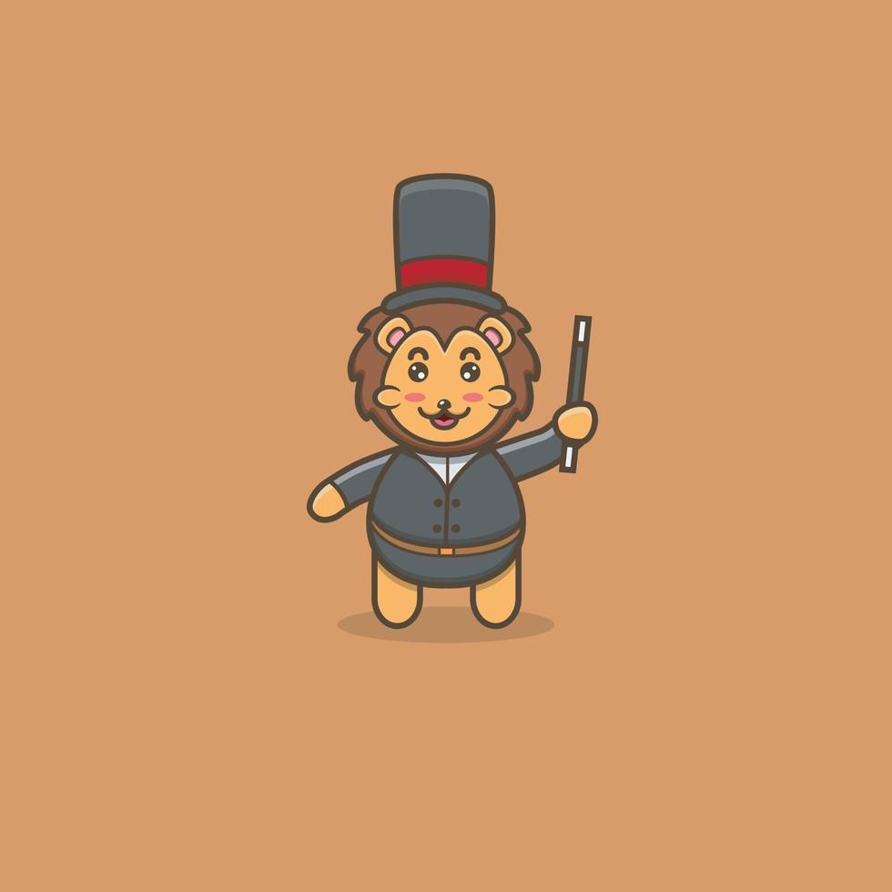 simpatico mago leoncino. personaggio, mascotte, icona, logo, cartone animato e design carino. vettore