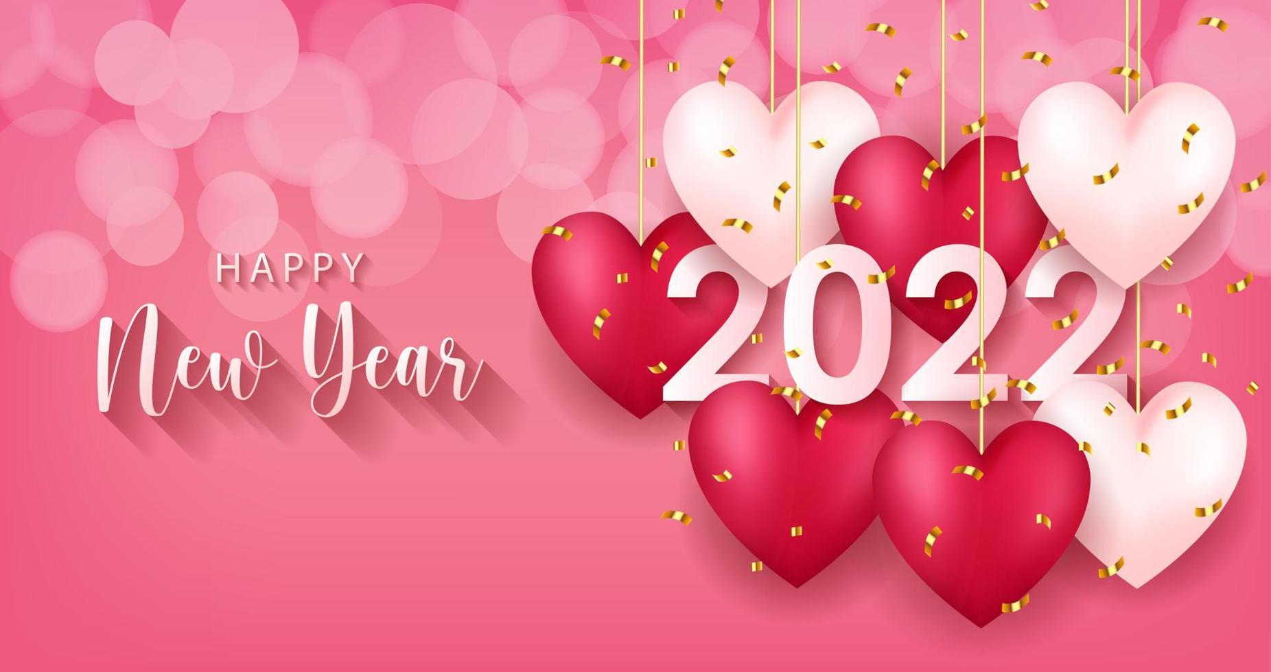 Biglietto di auguri di felice anno nuovo 2022 con design di sfondo stile cuore amore realistico per biglietto di auguri, poster, banner. illustrazione vettoriale. vettore