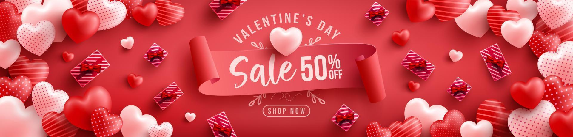 poster o banner di vendita di san valentino con molti cuori dolci e su sfondo rosso. modello di promozione e shopping o sfondo per amore e concetto di san valentino. illustrazione vettoriale eps 10