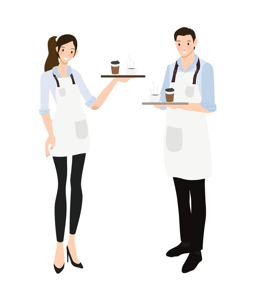 cameriere del caffè o barista in uniforme con camicia blu vettore