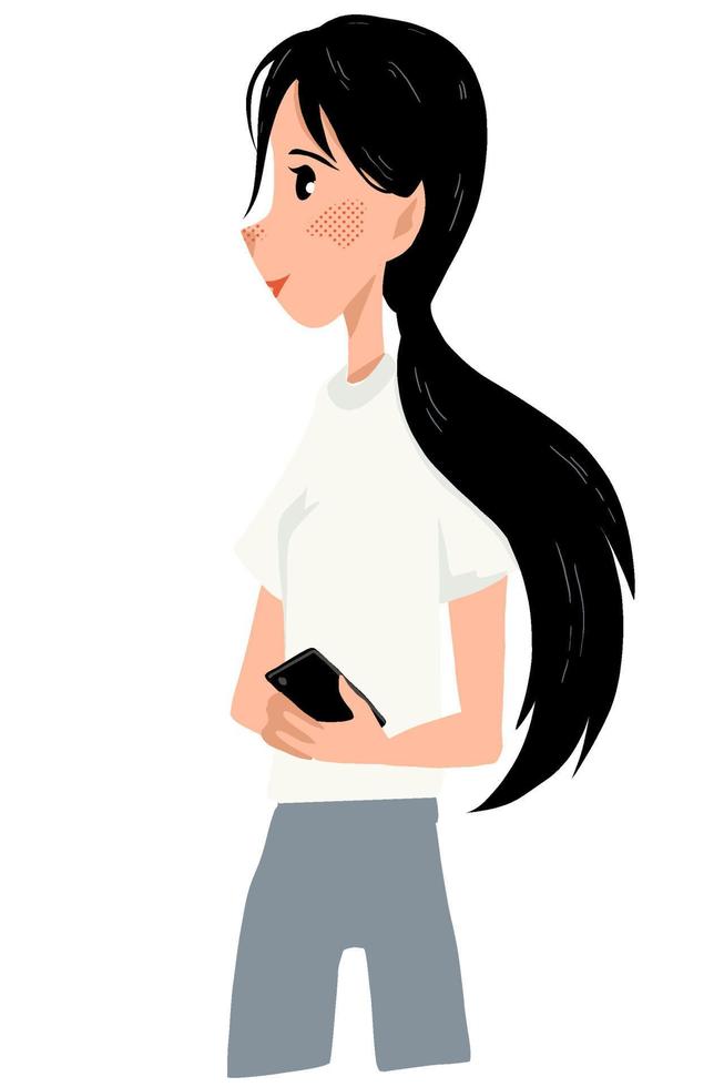 adolescente con il telefono in mano. giovane personaggio femminile. capelli lunghi, maglietta bianca. cartone animato. vista laterale vettore