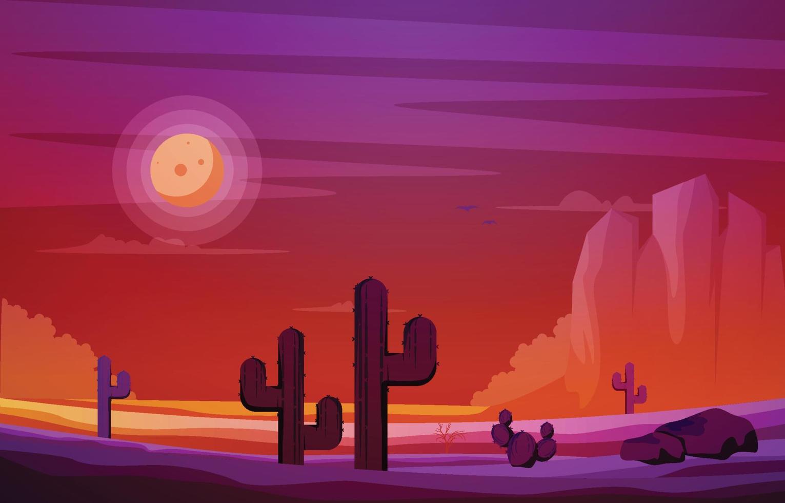 notte luna deserto paese cactus viaggio vettore design piatto illustrazione