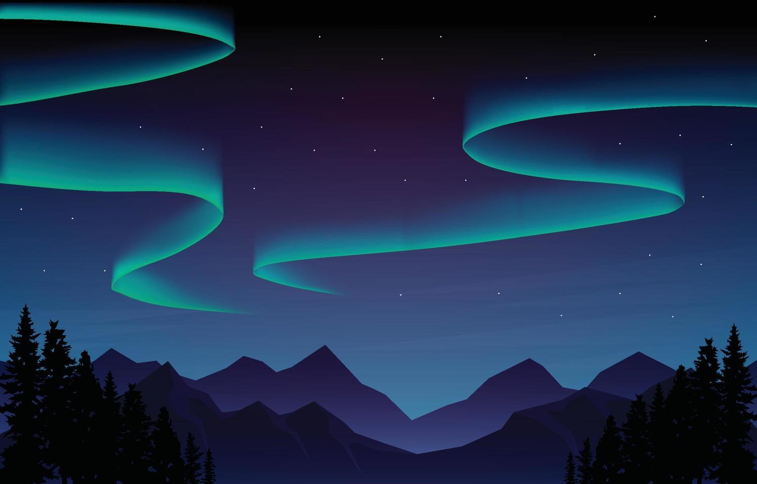 colorato aurora boreale cielo leggero pino montagna avventura paesaggio polare illustrazione vettore