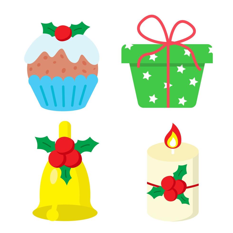 insieme di elementi di vacanze invernali. buon natale e felice anno nuovo celebrazione. confezione regalo, jingle bell, candela con decorazioni di bacche di agrifoglio e cupcake tradizionale. illustrazione vettoriale in stile cartone animato