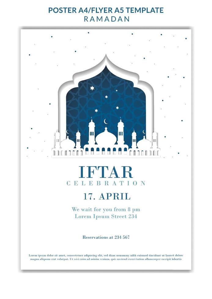 vettore di poster iftar ramadan blu e bianco