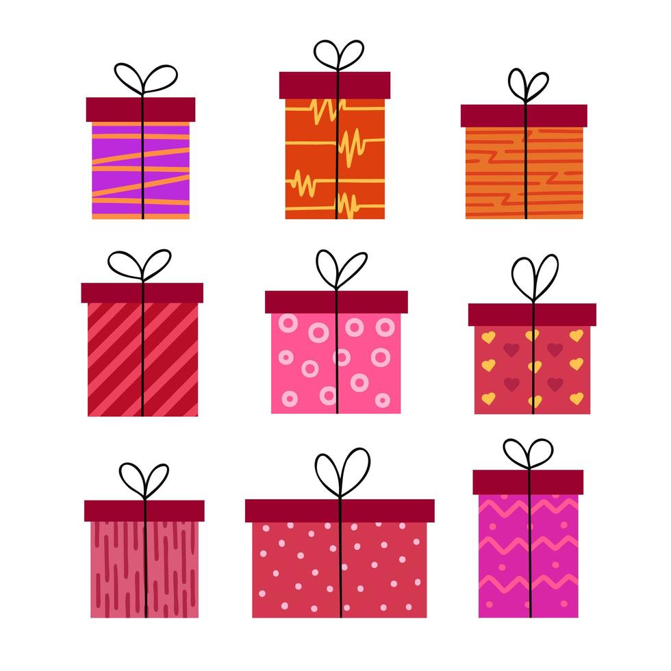 pacco regalo. set di scatole regalo colorate con fiocco. illustrazione per la stampa, sfondi, copertine, imballaggi, biglietti di auguri, poster e design stagionale. isolato su sfondo bianco. vettore