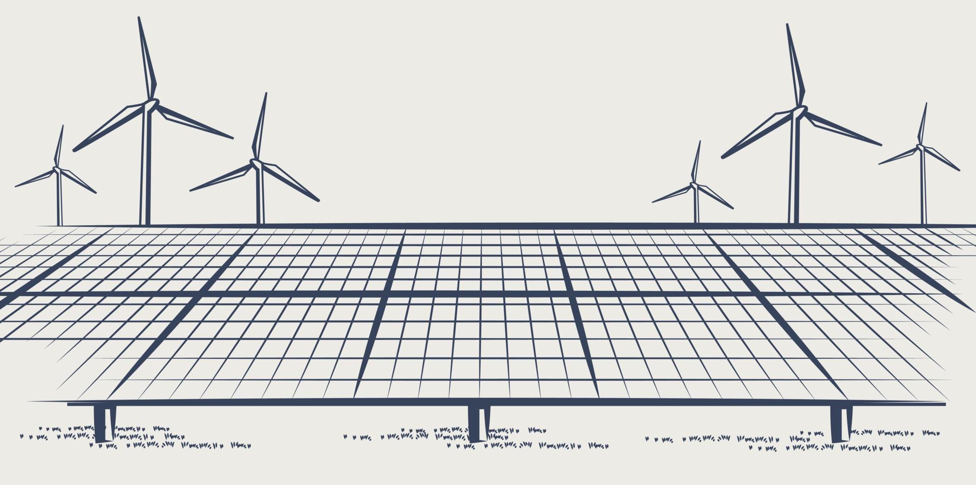 pannelli solari e turbine eoliche o fonti energetiche alternative. fornitura di energia ecologica sostenibile. disegno di illustrazione vettoriale. vettore