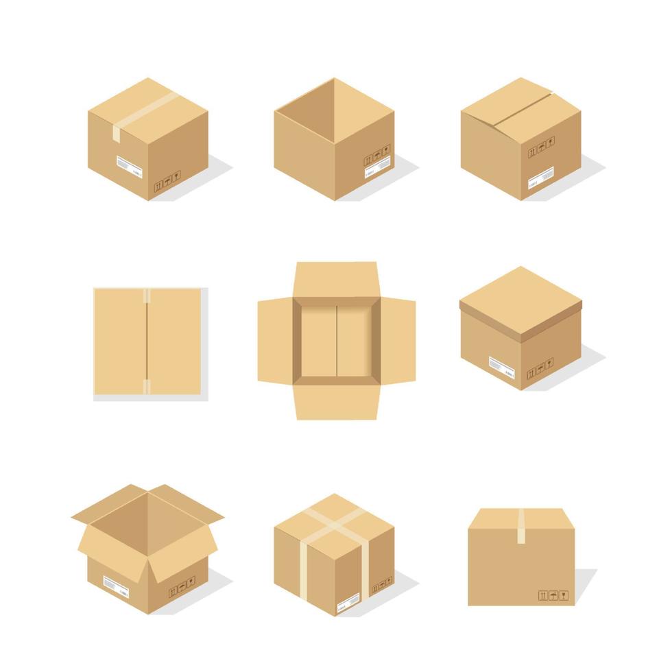 scatole di cartone o carta da imballaggio e scatola di spedizione. pacchi di cartone e pacchi di consegna mucchio, merci di magazzino piatto e trasporto merci. illustrazione di disegno vettoriale. vettore