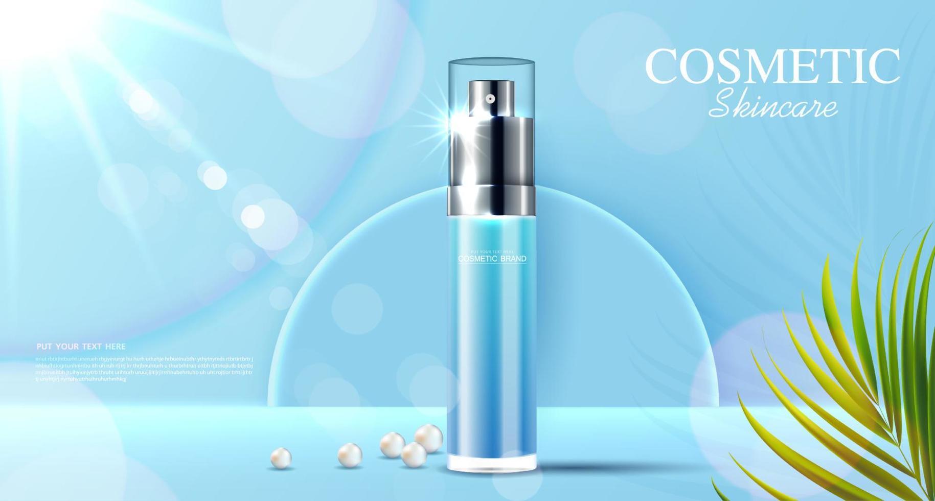 cosmetici o annunci di prodotti per la cura della pelle con bottiglia e perla, sfondo blu con foglie tropicali. disegno di illustrazione vettoriale