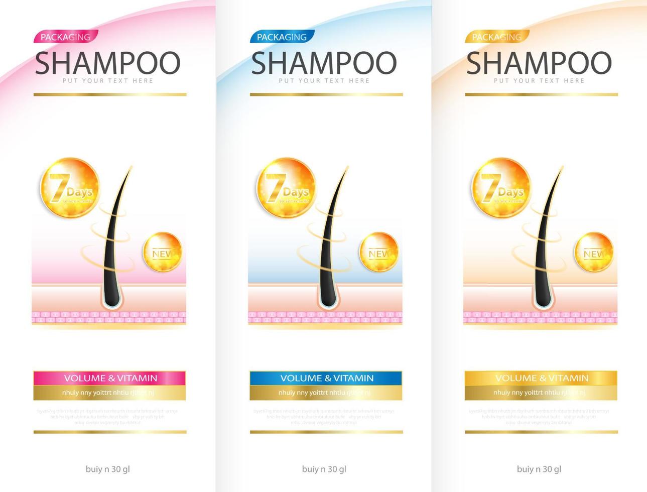 design per la cura dei capelli dello shampoo. cosmetico per il design gli effetti di protezione e lucentezza e luminosità dei capelli su un luminoso. illustrazione vettoriale. vettore
