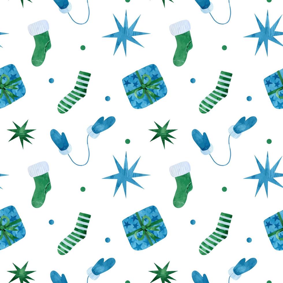 modello senza cuciture di Natale con elementi blu e verdi. calzini festivi, regali, guanti e stelle. illustrazione disegnata a mano dell'acquerello. perfetto per avvolgere carta, stampe, imballaggi, tessuti, decorazioni. vettore