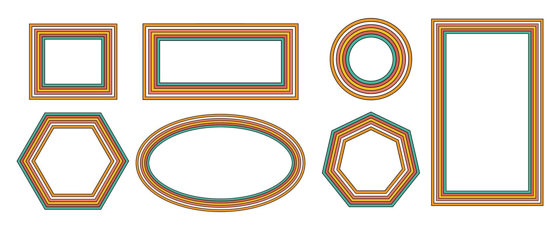 set di cornici arcobaleno in stile hippie anni '70. modelli retrò vintage anni '70 groove. collezione di cornice rotonda, stella, rombo e quadrato. disegno di illustrazione vettoriale isolato.