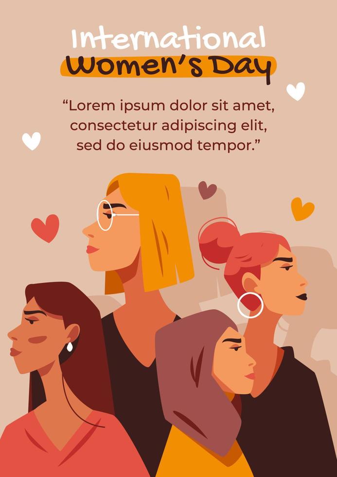 poster della giornata internazionale della donna con un gruppo di donne forti e indipendenti vettore
