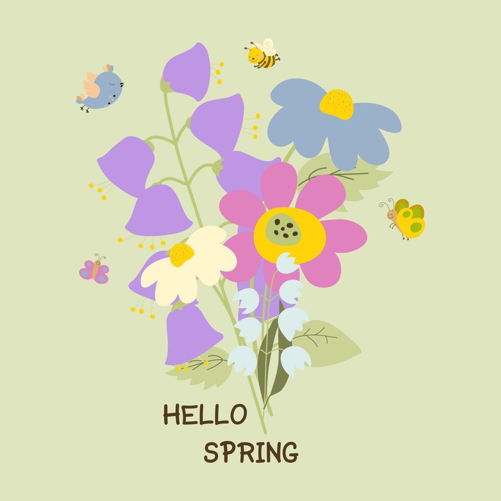 bellissimi fiori primaverili su uno sfondo verde. farfalle e un'ape volano vicino ai fiori. illustrazione vettoriale in stile cartone animato. disegno a mano. per la stampa, web design.