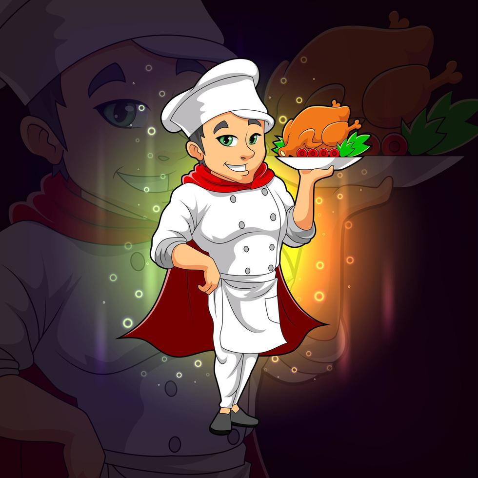 il simpatico chef sta servendo un pollo per il design del logo esport vettore