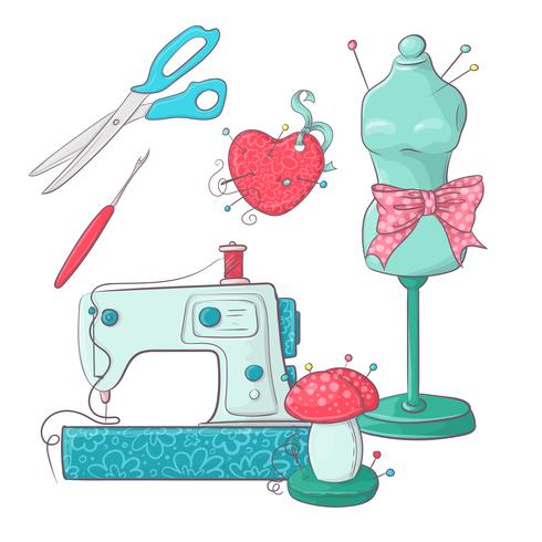 Set di accessori per cucire manichino. Disegno a mano Illustrazione vettoriale