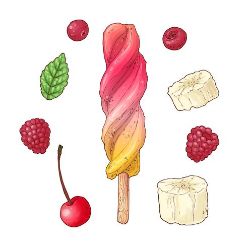 Impostare gelato banana ciliegia lampone. Disegno a mano Illustrazione vettoriale