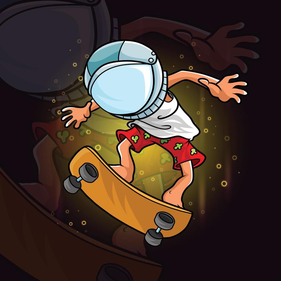 il ragazzo dello skateboard e usa il casco da astronauta vettore