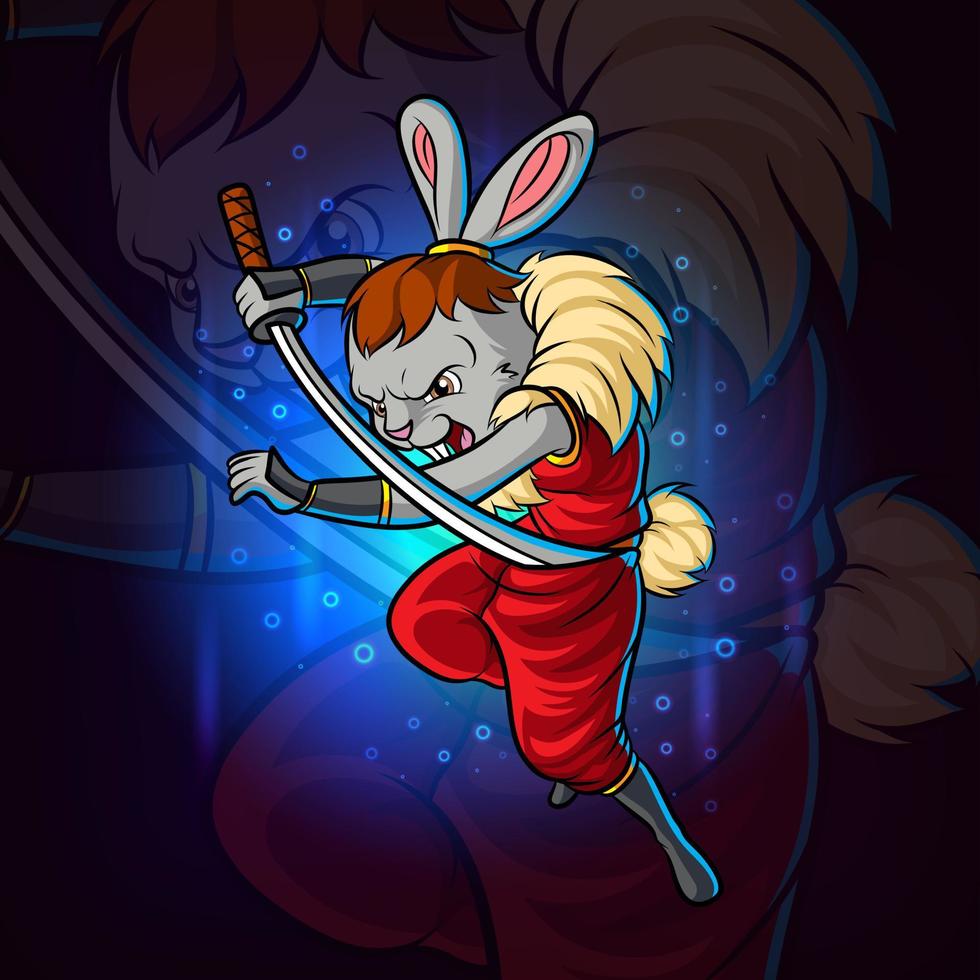 il disegno della mascotte esport del coniglio samurai vettore