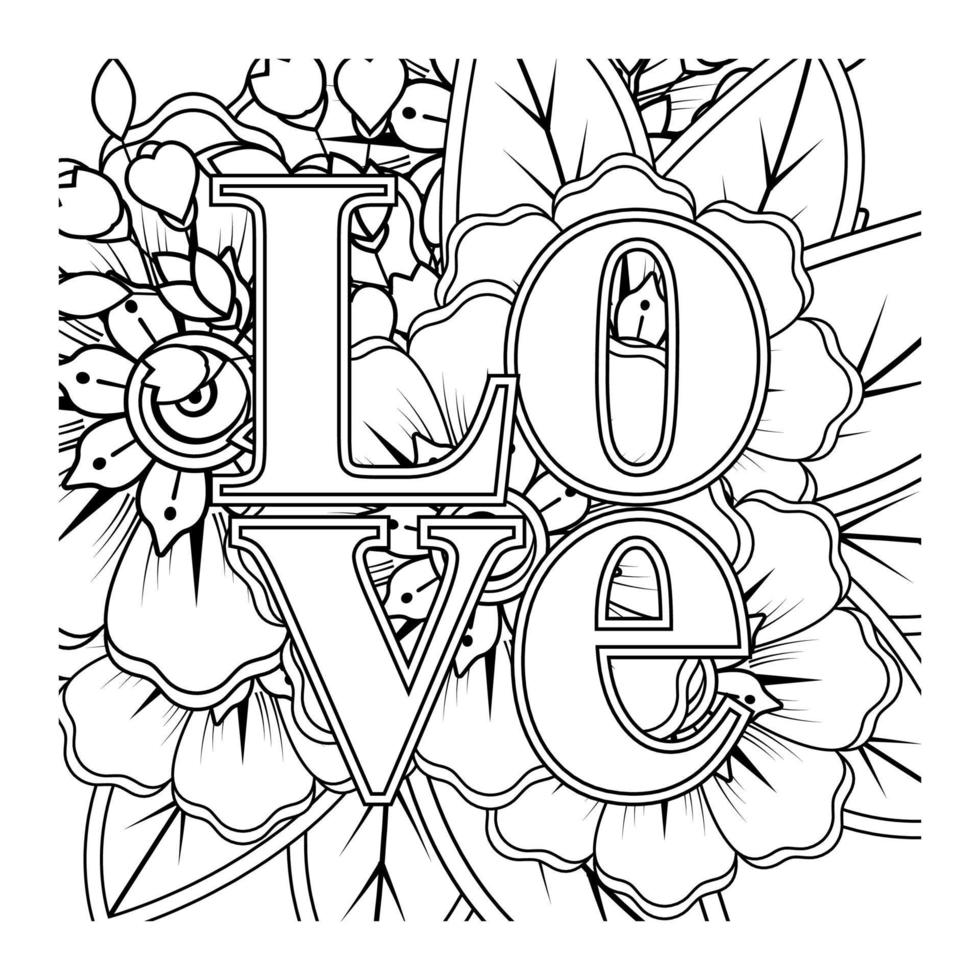 parole d'amore con fiori mehndi per la pagina del libro da colorare doodle ornamento vettore