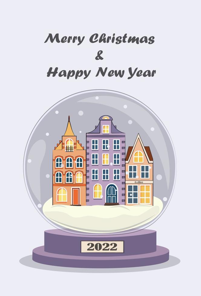 cartolina di buon natale e felice anno nuovo 2022 per le vacanze di capodanno. amsterdam nevoso, paesi bassi. case famose multicolori in una palla festiva di vetro vettore
