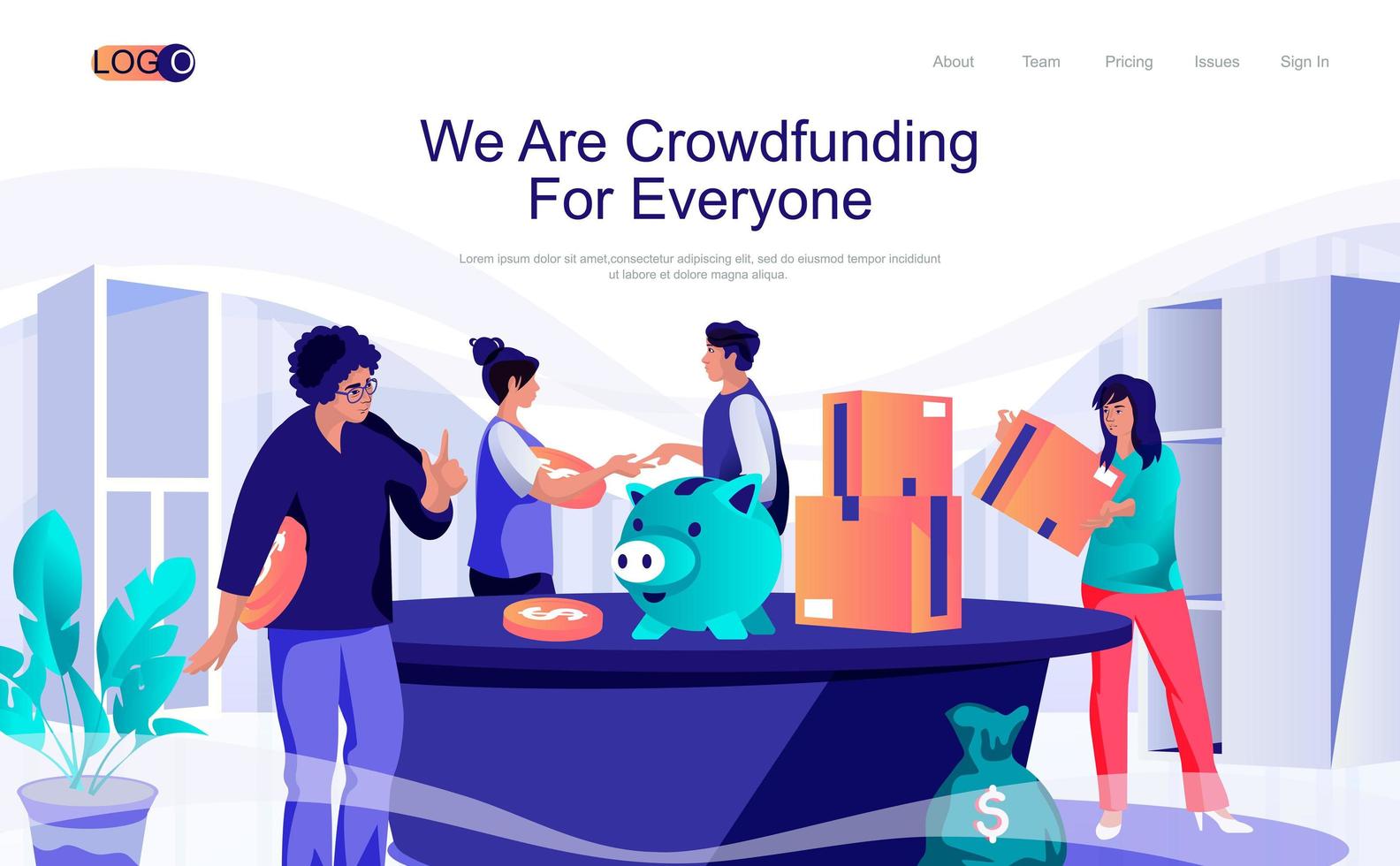 pagina di destinazione isometrica del concetto di crowdfunding. persone che investono denaro in una nuova idea imprenditoriale, sistema di supporto all'avvio e donazioni, banner web 3d. illustrazione vettoriale in design piatto per modello di sito web