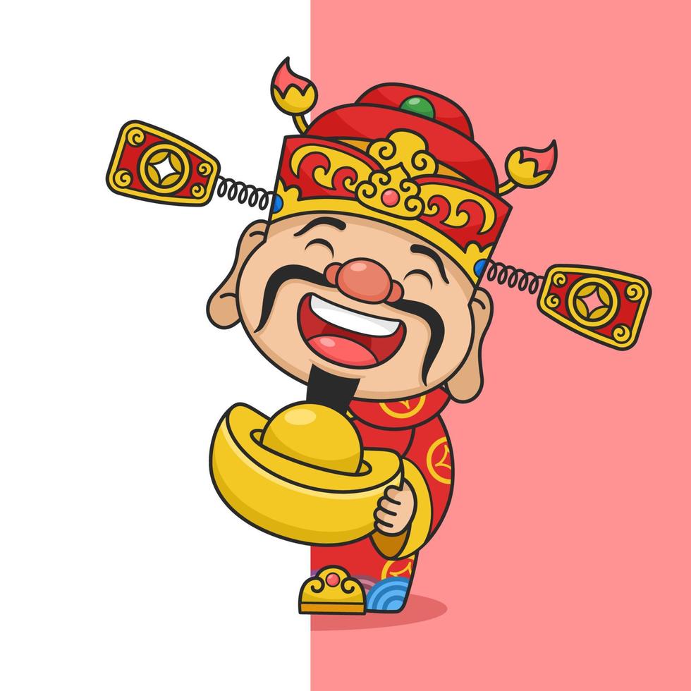 carino capodanno cinese dio della fortuna con soldi d'oro dietro il muro vettore