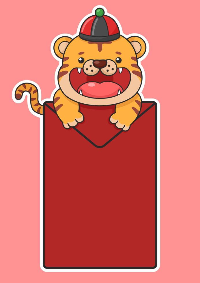 simpatica tigre cinese del capodanno che abbraccia una grande busta rossa vettore