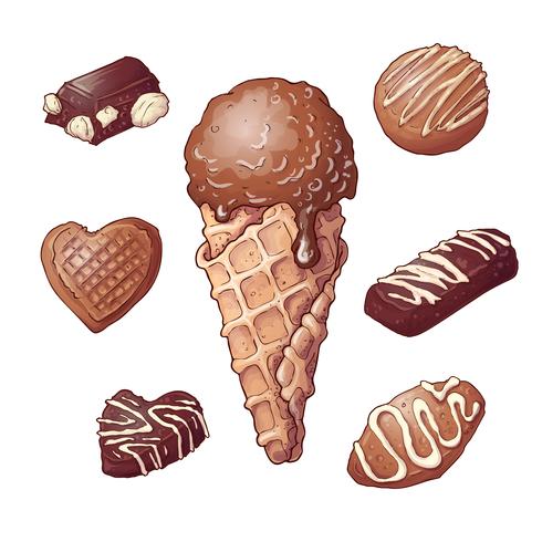 Impostare il dado al cioccolato gelato, disegno a mano. Illustrazione vettoriale