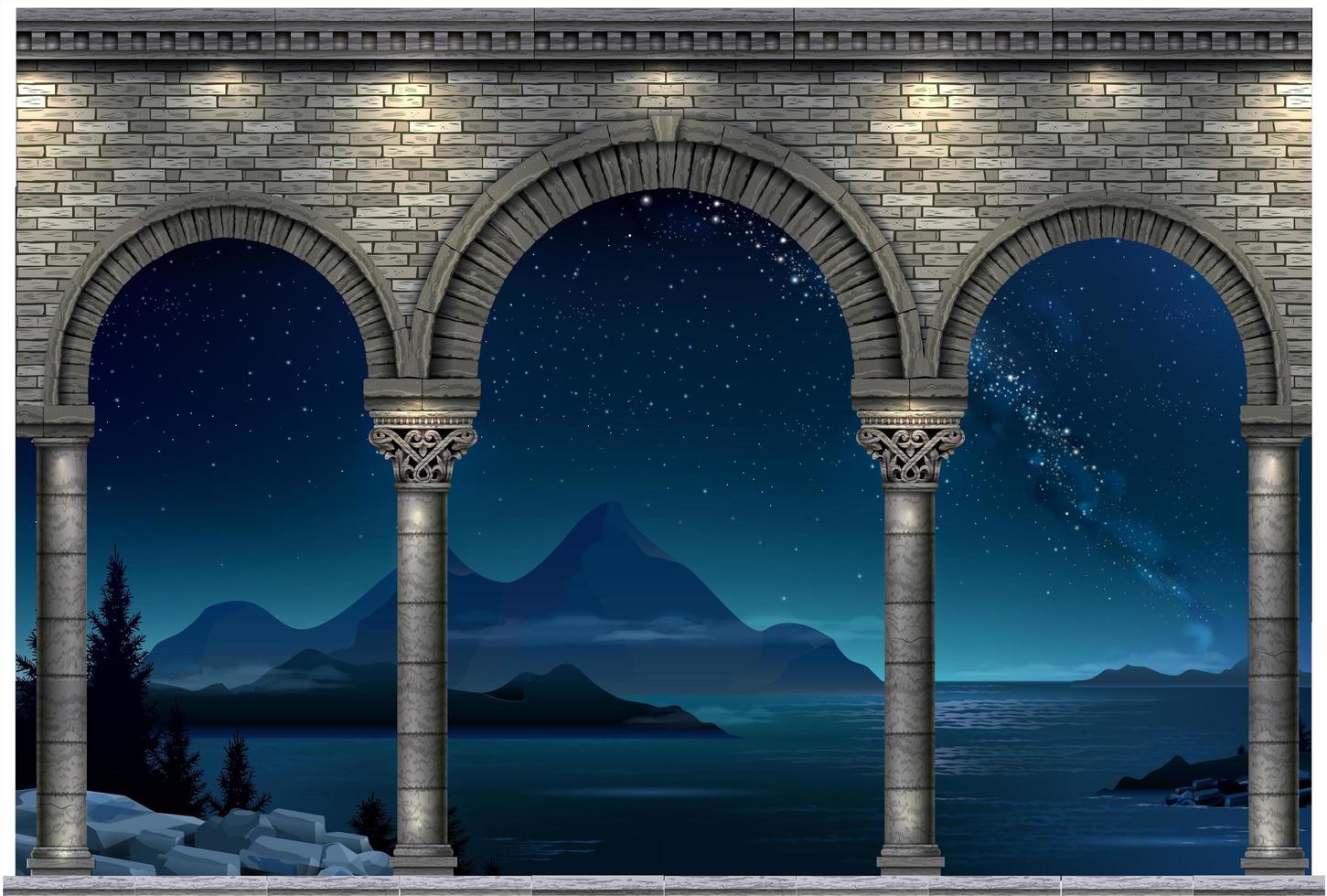 classico arco in pietra antico di notte blu vettore