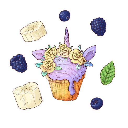 Set di cupcake alle bacche. Illustrazione vettoriale Disegno a mano