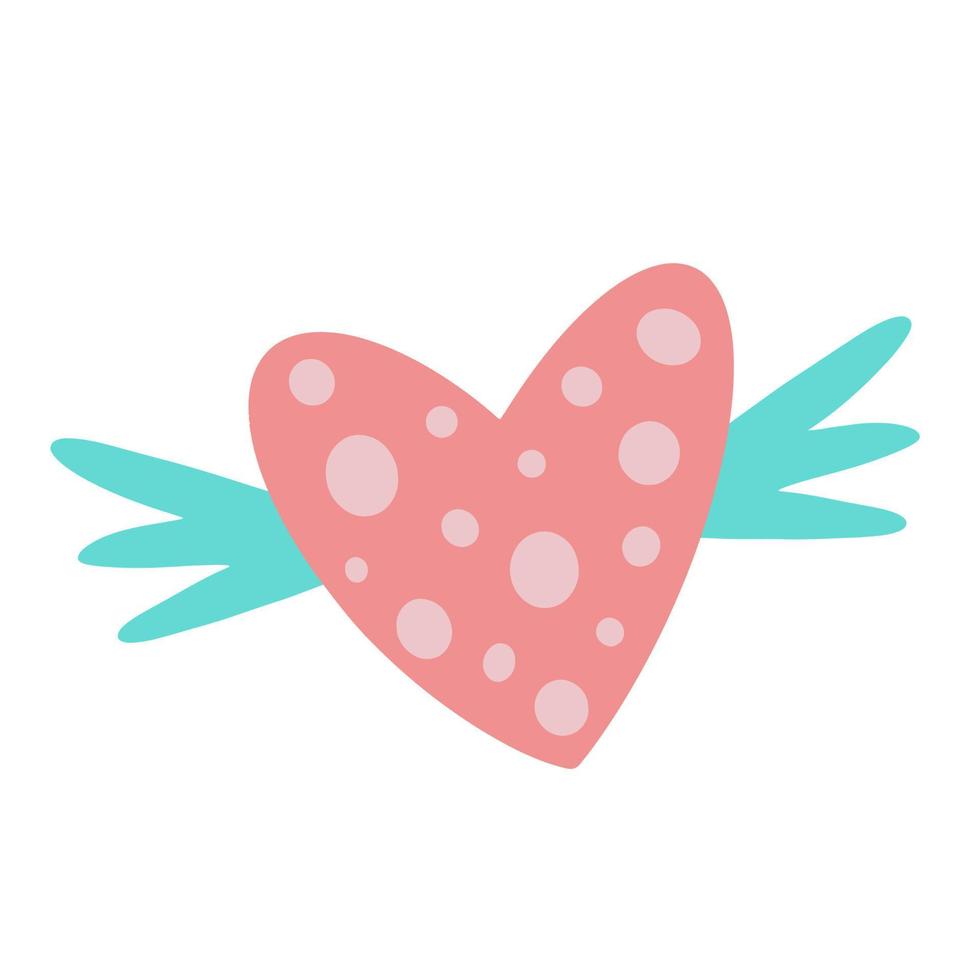 cuore volante con icona di vettore di ali. illustrazione d'epoca disegnata a mano isolato su priorità bassa bianca. elemento festivo rosa con pois, simbolo dell'amore. concetto romantico per san valentino.