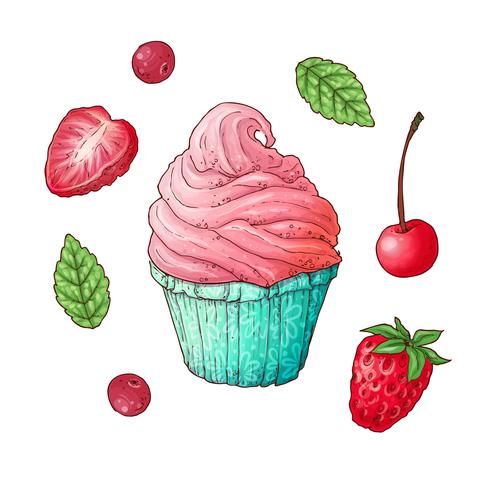 Un set di cupcake alla fragola e ciliegia. Disegno a mano Illustrazione vettoriale