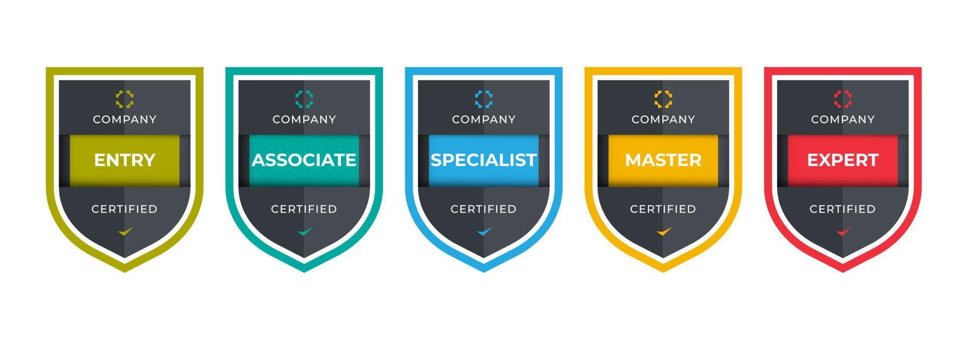 design del logo con badge certificato per badge di formazione aziendale. certificati da determinare in base a criteri. illustrazione vettoriale moderno colorato standard verificato.