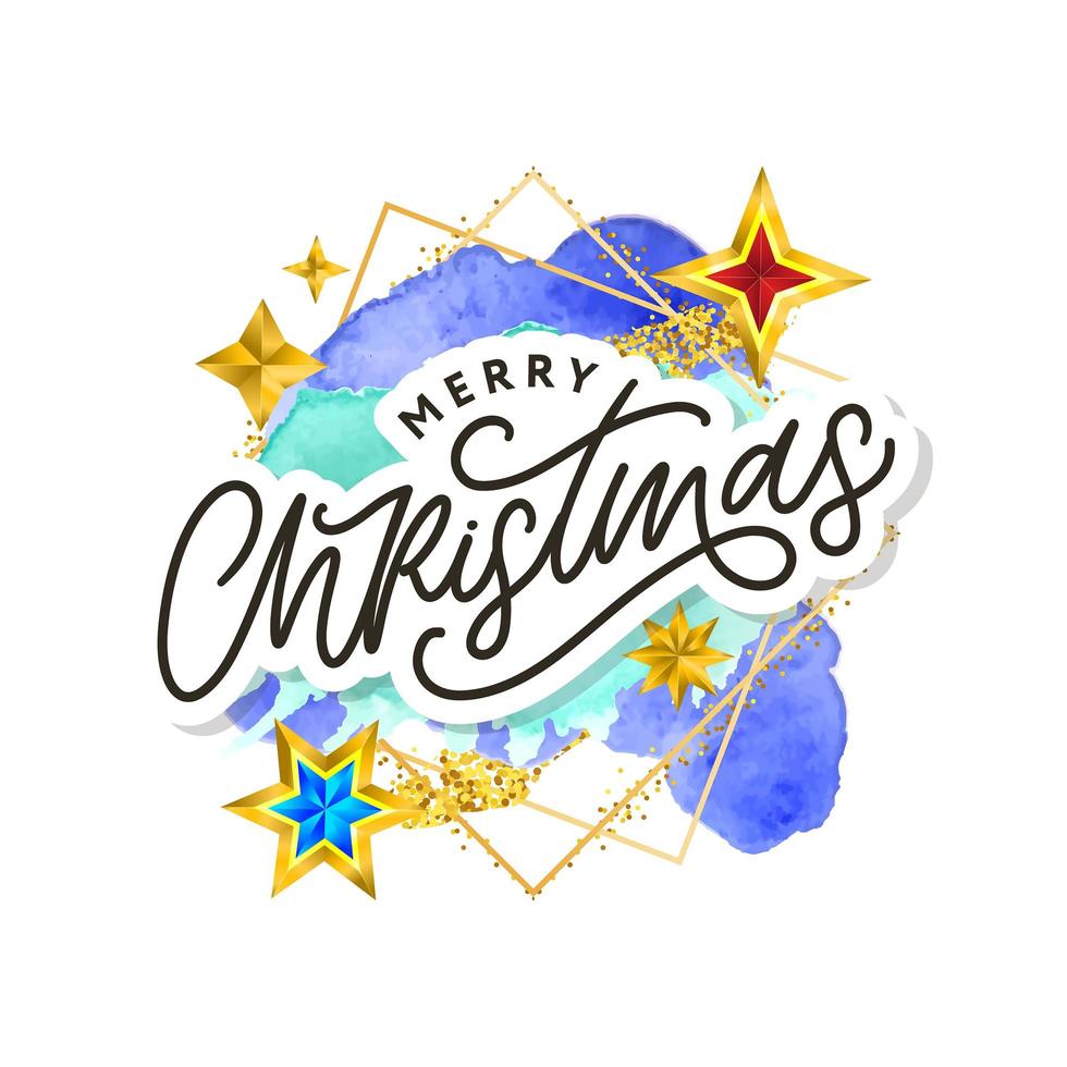 buon natale testo decorato con scritte disegnate a mano con stelle dorate. elemento di design biglietto di auguri. tipografia vettoriale. vettore