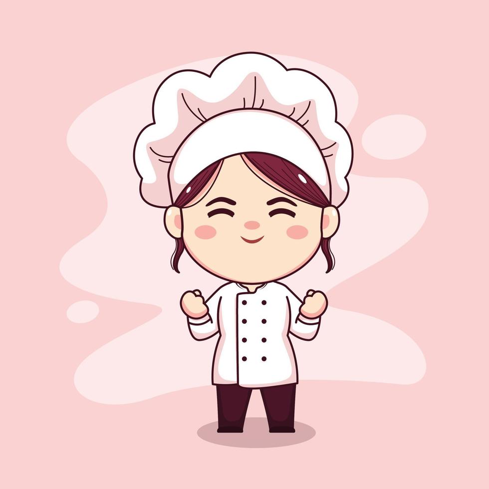 chef donna carina e kawaii con espressione eccitata cartone animato manga chibi carattere vettoriale design