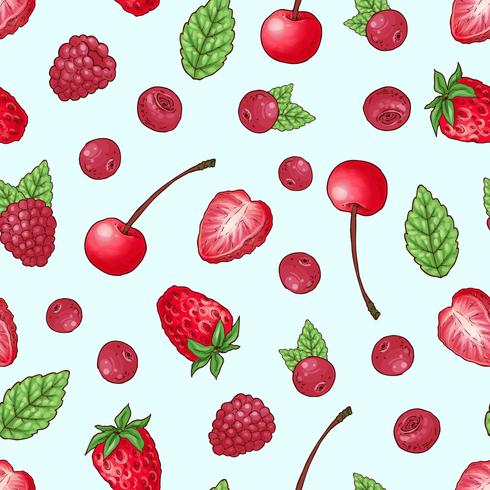 Modello senza cuciture fragola ciliegia lampone. Illustrazione vettoriale di disegno a mano