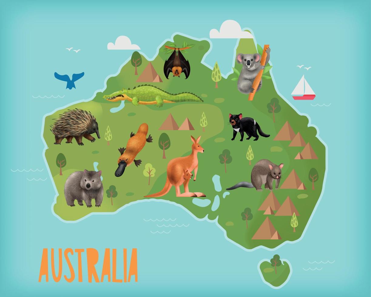 composizione della mappa degli animali australiani vettore