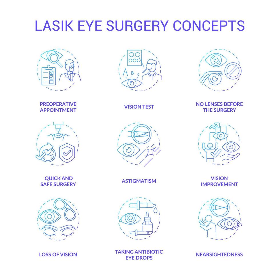 concetti di chirurgia dell'occhio del laser icone del concetto di gradiente impostate. operazione di miglioramento della vista. visita oculistica per l'idea del trattamento della vista illustrazioni a colori a linee sottili. disegni vettoriali isolati di contorno