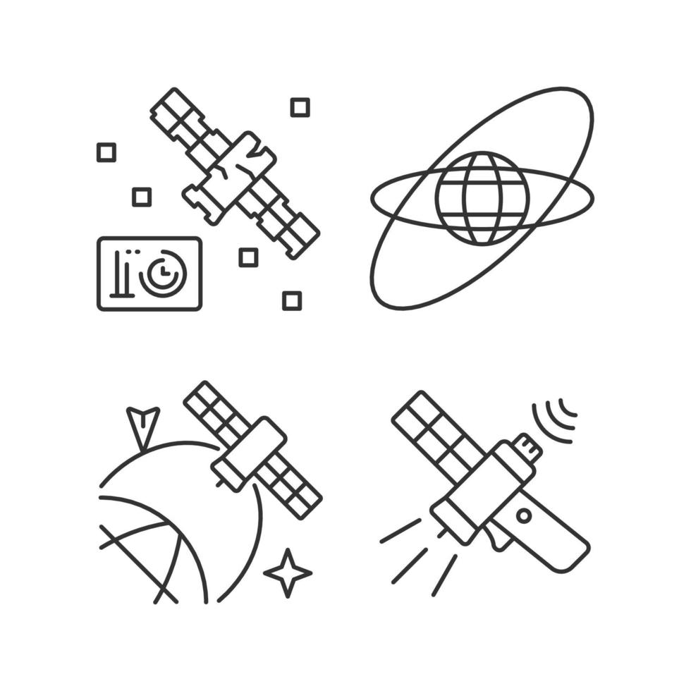 satelliti nello spazio lineare set di icone. posizione del veicolo spaziale scientifico, posizionamento nello spazio. simboli di contorno linea sottile personalizzabili. illustrazioni di contorno vettoriale isolato. tratto modificabile