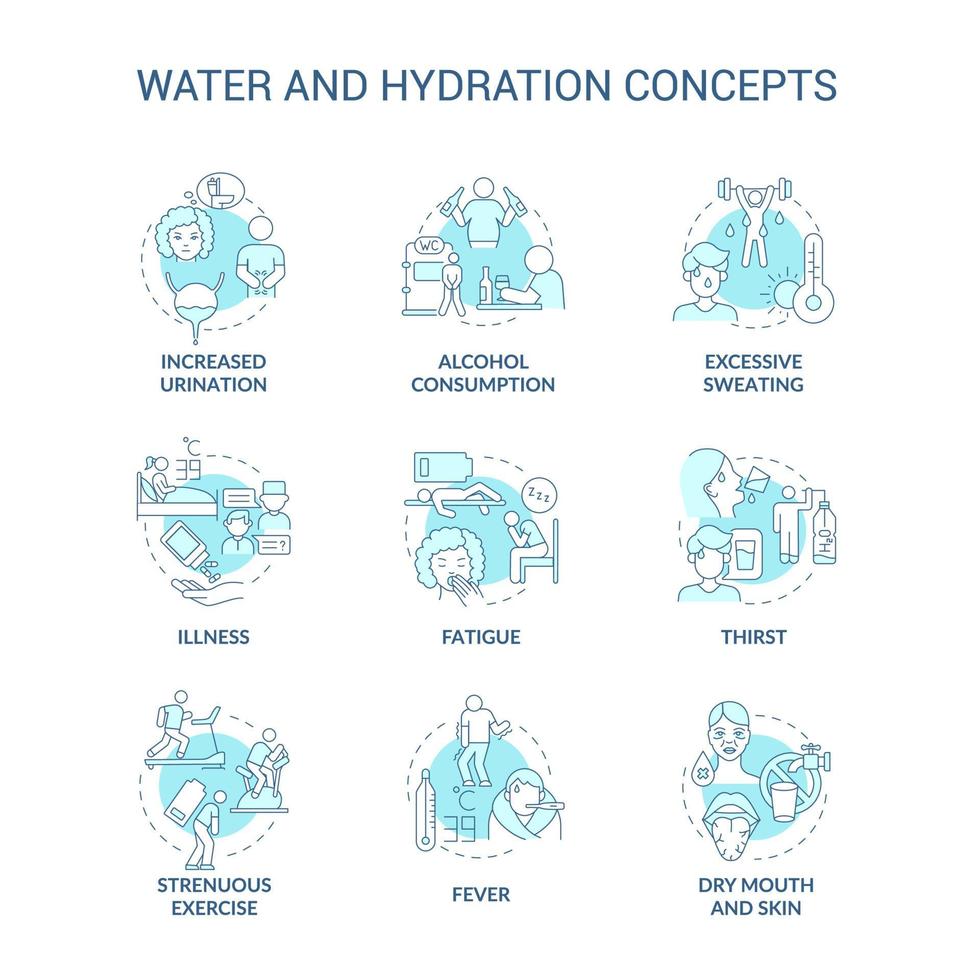 set di icone di concetto di acqua e idratazione blu. sintomi di disidratazione. ulteriore consumo di liquidi. illustrazioni a colori linea sottile idea equilibrio idrico. disegni vettoriali isolati di contorno. tratto modificabile