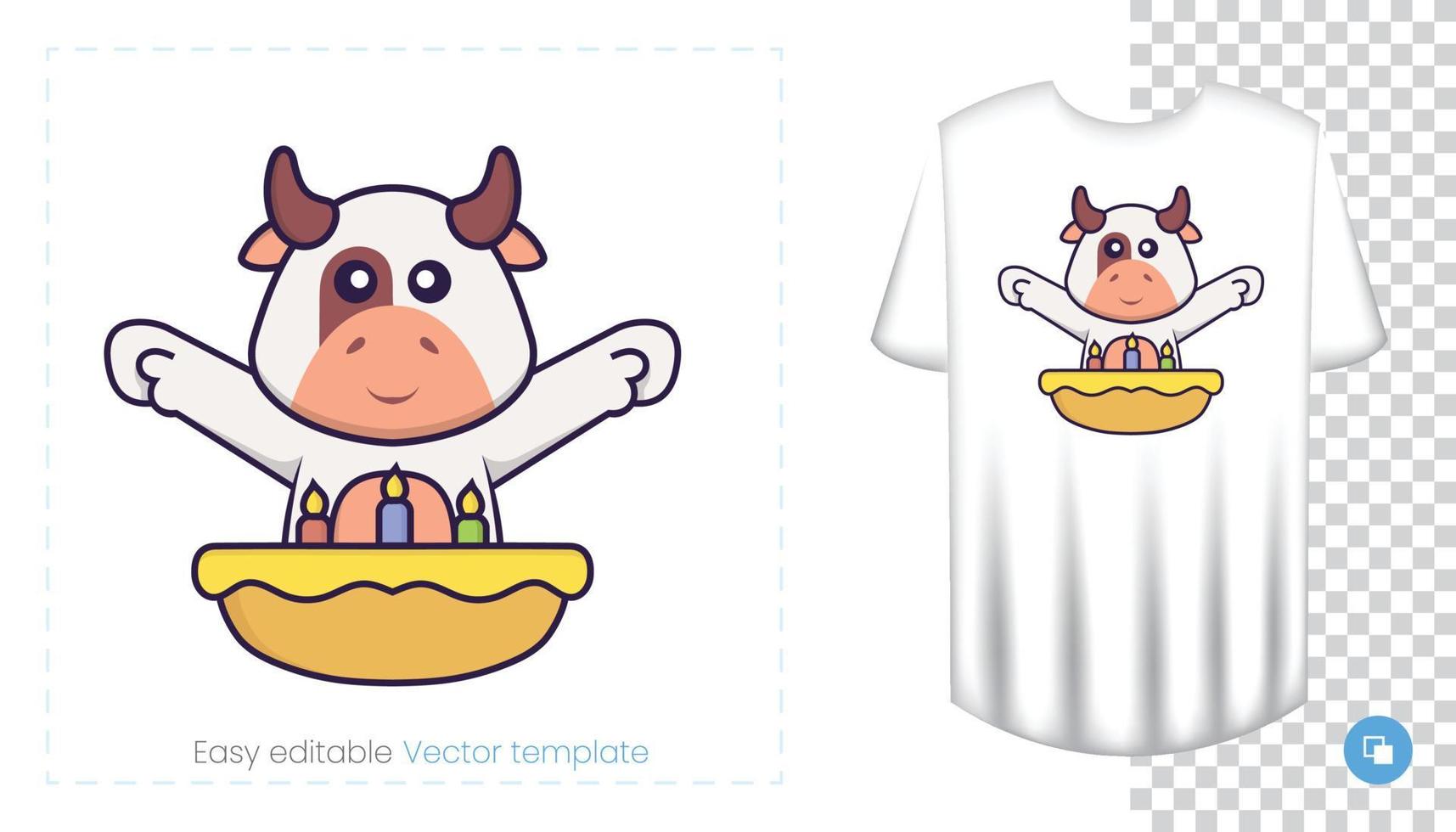 simpatico personaggio di mucca. stampe su t-shirt, felpe, custodie per cellulari, souvenir. illustrazione vettoriale isolato su sfondo bianco.