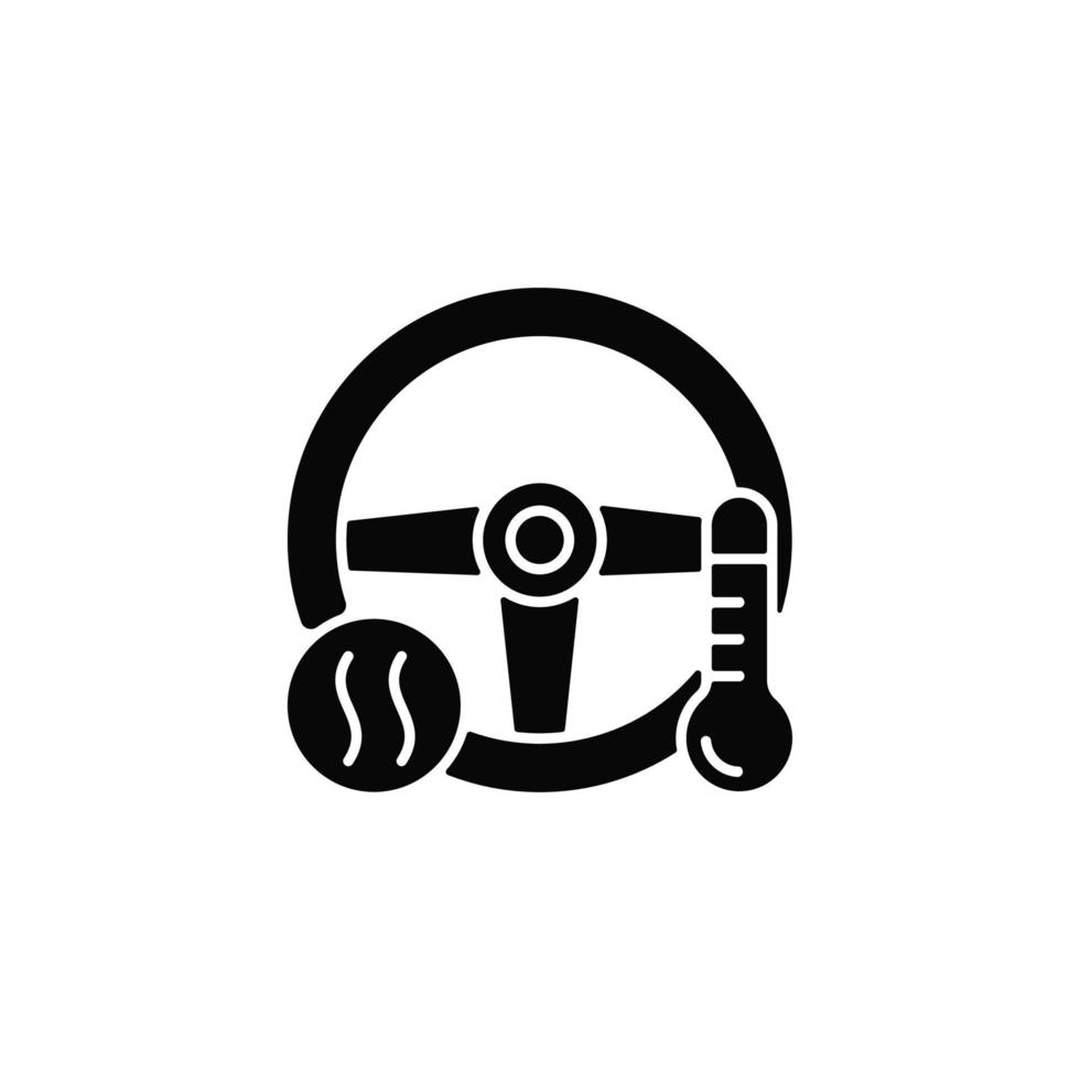 Icona del glifo con volante riscaldato nero. fornendo comfort al conducente. tenendo le mani calde. caratteristica utile per il freddo. simbolo di sagoma su uno spazio bianco. illustrazione vettoriale isolato
